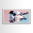 Waterfowl Reflection, bird art, lake Tahoe art, coastal painting, wildlife decor, pink orange wall art, framed canvas print