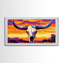 Skull, bull, desert art, cowboy decor, boho wall art, moody sunset, extra wide art, rustic decor, framed canvas print