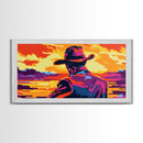 Cowboy, western silhouette, sunset art, ranch aesthetic, moody wall art, bold colors, extra wide art, rustic decor, framed canvas print