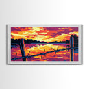Barbed wire, rustic fence, cowboy art, sunset glow, farmhouse wall art, panoramic painting, western landscape, framed canvas print