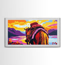 Pack horse, rugged adventure, cowboy aesthetic, mountain sunset, rustic decor, extra wide art, nostalgic western, framed canvas print