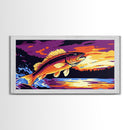 Jumping Bass, Fly Fishing Art, Rustic Decor, Horizontal Wall Art, Landscape Painting, Framed Canvas Print, Above Couch Art, Nautical Decor