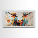 Vibrant Bull Art, rustic decor, extra wide art, farmhouse art, bold color wall art, southwestern painting, framed canvas print, modern rustic art