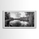 Lake reflection, pine tree art, landscape painting, wabi sabi art, rustic decor, panoramic painting, extra wide art, framed canvas print