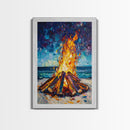 Beach Bonfire, coastal painting, moody art, seascape painting, coastal decor, nautical painting, original painting, framed canvas print