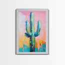 Abstract Cactus Painting, Boho Desert Art, Pink Green Wall Art, Southwest Wall Decor, Framed Canvas Print, Bold Colorful Art
