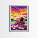 Colorful Wagon, pink orange wall art, landscape painting, southwest wall art, farmhouse art, boho art, framed canvas print, above bed art