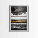 Moody Landscape, dramatic clouds, black and white, gold fields, panoramic art, rustic decor, framed canvas print, extra wide art