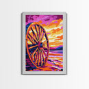 Sunset Wagon Wheel, Bold Color Painting, Southwest Wall Art, Framed Canvas Print, Rustic Decor, Western Aesthetic, Extra Wide Art, Gift Idea