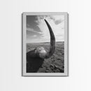 Lone Horn, desert minimalism, rustic western art, wabi sabi decor, moody photography, framed canvas print, black and white, southwest art