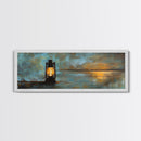 Lantern, rustic art, moody art, oil painting, long narrow wall art, extra wide art, above sofa art, Framed Canvas Print