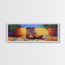 Floral Cowboy Boots, boho art, chicano art, whimsical art, southwest wall art, western decor, pink orange wall art, Framed Canvas Print