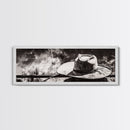 Western Hat Art, Black and White Art, Framed Canvas Print, Rustic Wall Art, Wabi Sabi Art, Extra Wide Art, Minimalist Art