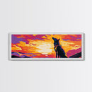 Colorful Wolf Art, sunset animal painting, moody art, pink orange wall art, extra wide art, framed canvas print, panoramic painting