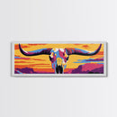 Longhorn Skull, southwest wall art, bull and bear art, pink orange wall art, extra wide art, Framed Canvas Print, rustic decor