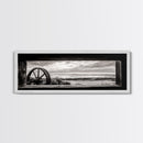 Black White Wagon, rustic decor, panoramic art, moody art, extra wide art, barn landscape oil painting, framed canvas print, living room art