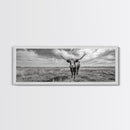 Texas Longhorn, Rustic Wall Art, Canvas Print, Farmhouse Art, Western Decor, Above Bed Art, Extra Wide Art, Moody Black And White Art