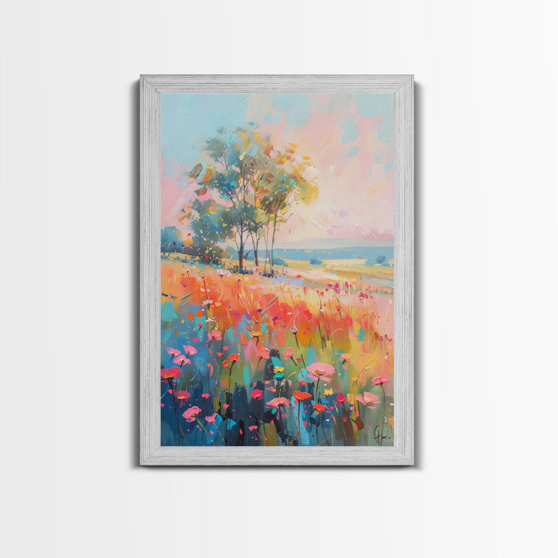 Blossoming Meadow with Trees - Framed Canvas Print, Peaceful Living Room Art, Serene Bedroom Decor, Vibrant Flower Art, Wall Art