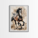 Running Horse in Motion - Framed Canvas Print, Lively Living Room Art, Vibrant Bedroom Decor, Equestrian Art, Wall Art