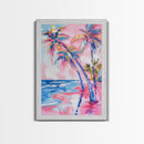 Vibrant Palm Trees and Ocean Waves in Abstract Style - Framed Canvas Print, Coastal Wall Art, Tropical Beach Decor for Living Room