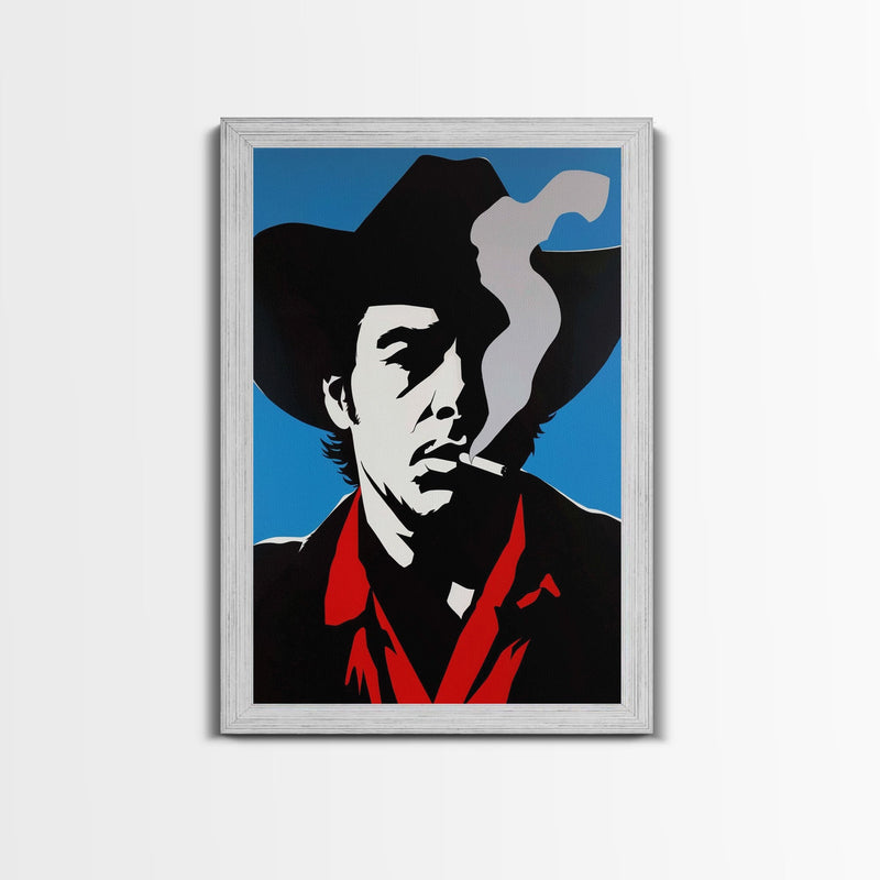 Bold Cowboy Smoking Silhouette Framed Canvas Print - Modern Western Decor, Unique Wall Art for Living Room, Bedroom Artwork