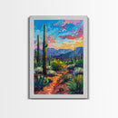 Framed Canvas Print, Cactus and Desert Path Wall Art, Vibrant Southwest Landscape for Living Room or Bedroom, Nature Art Poster Piece