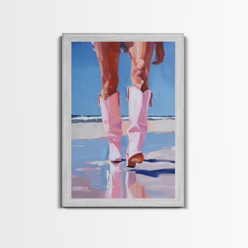 Woman wearing pink cowboy boots standing on the beach, vibrant pop art style Framed Canvas Print - beach fashion, coastal decor, summer art