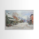 Small Town America At Christmas Time, Framed Canvas Print, Winter Scenary Wall Decor, Folk Art Framed Canvas, Metal Wall Art Living Room