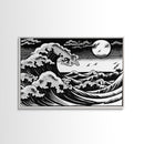 Black and White Wave Canvas Print, Hokusai Inspired Wall Art, Woodblock Print Style, Wall Art, Vintage Style Wall Art