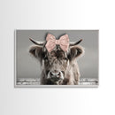 Framed Canvas Print, Cute Highland Cow Wearing A Pink Bowtie, Framed Wall Decor, Rustic Minimalist Farmhouse Decor, Western Art