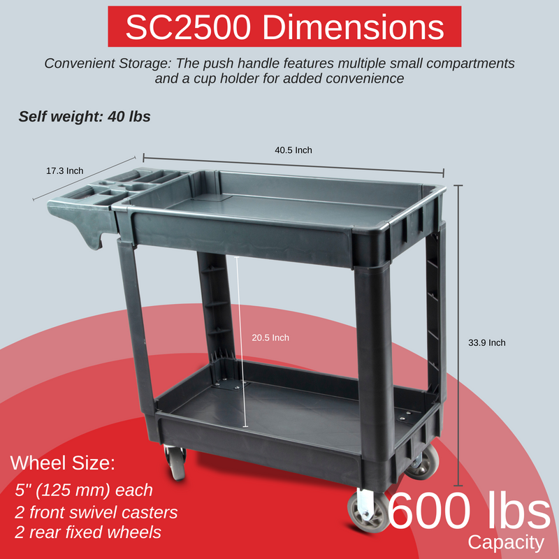 600 lbs Heavy Duty Rolling Utility Service Cart, HDPE Shelves, 5" Caster Wheels