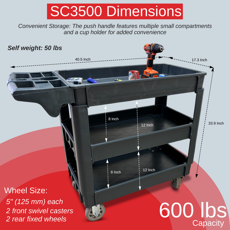 600 lbs Heavy Duty Rolling Utility Service Cart, HDPE Shelves, 5" Caster Wheels