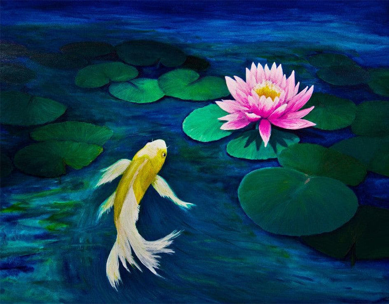 Koi Fish with Pink Water Lily Painting Wall Mural.