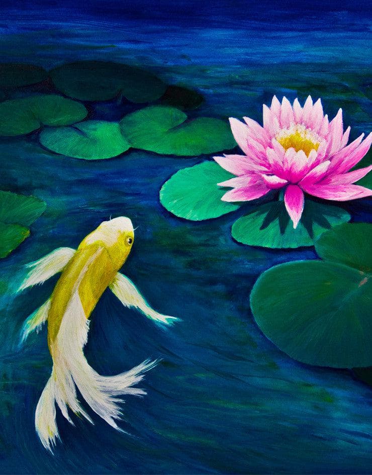 Koi Fish with Pink Water Lily Painting Wall Mural.