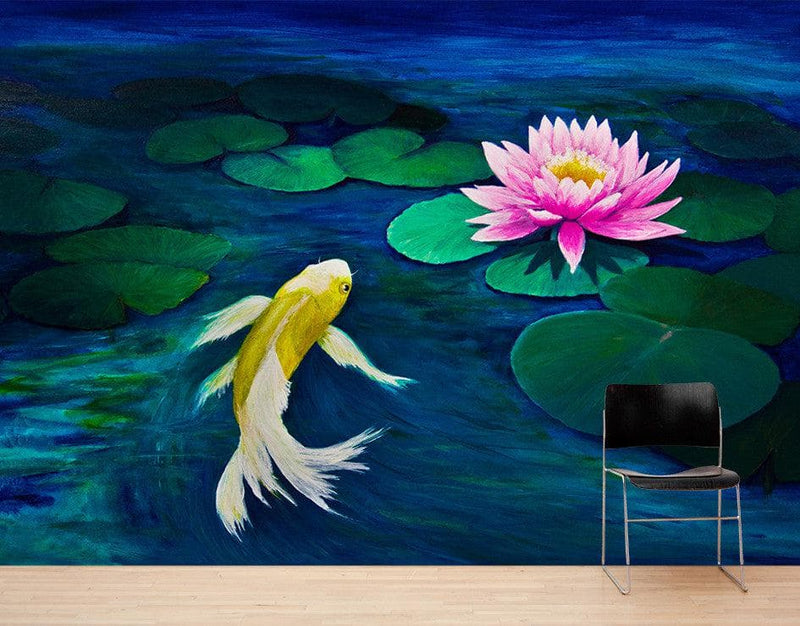 Koi Fish with Pink Water Lily Painting Wall Mural.