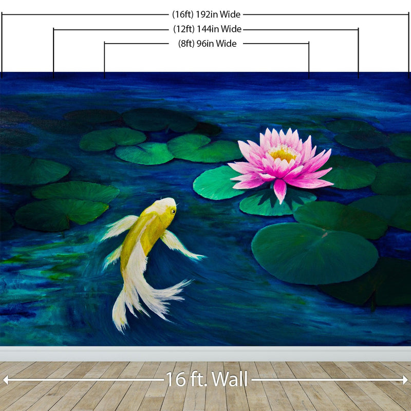 Koi Fish with Pink Water Lily Painting Wall Mural.