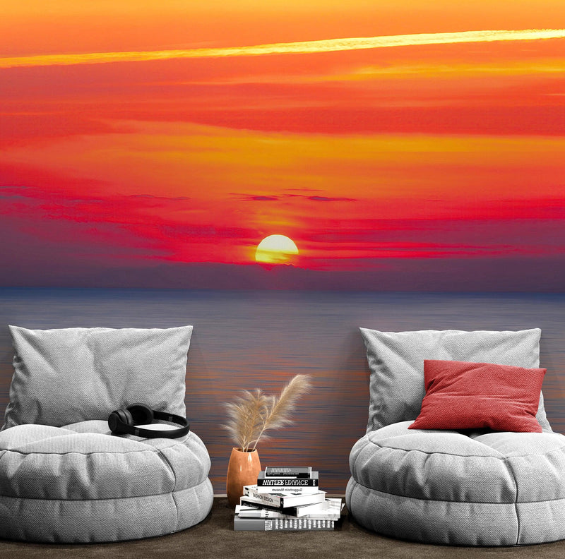 Red Sky Sunset over Beach Wall Mural Decal Sticker