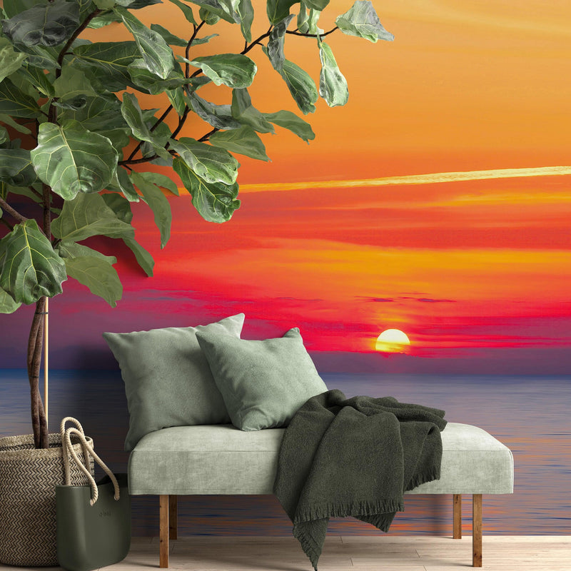 Red Sky Sunset over Beach Wall Mural Decal Sticker