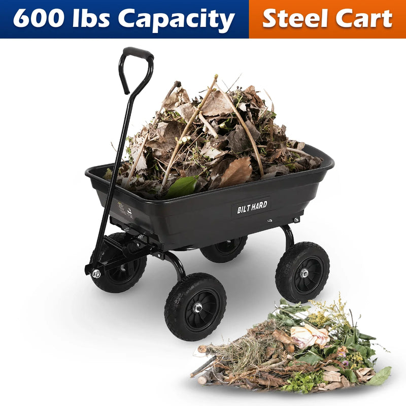 BILT HARD 4 Cu.Ft. 10" No-Flat Tires Poly Yard Dump Cart with 180° Rotating Handle, 600 lbs Capacity Heavy Duty Garden Carts and Wagons