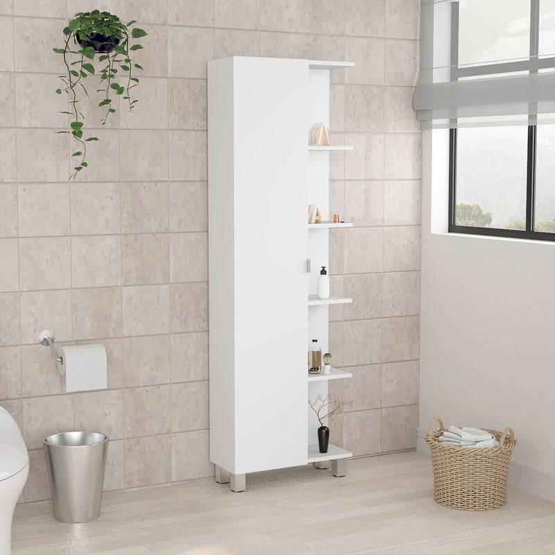 Urano Corner Linen Cabinet, Five External Shelves, Single Door, Four Interior Shelves -White