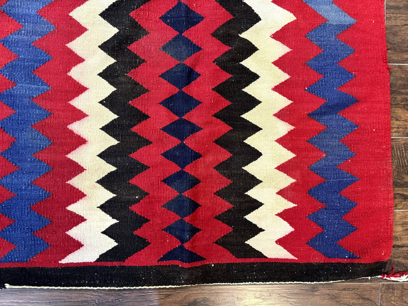 Antique Navajo Rug 3.7 x 2.8, Red Ivory Blue, Zig Zag Pattern, Handmade, Wool