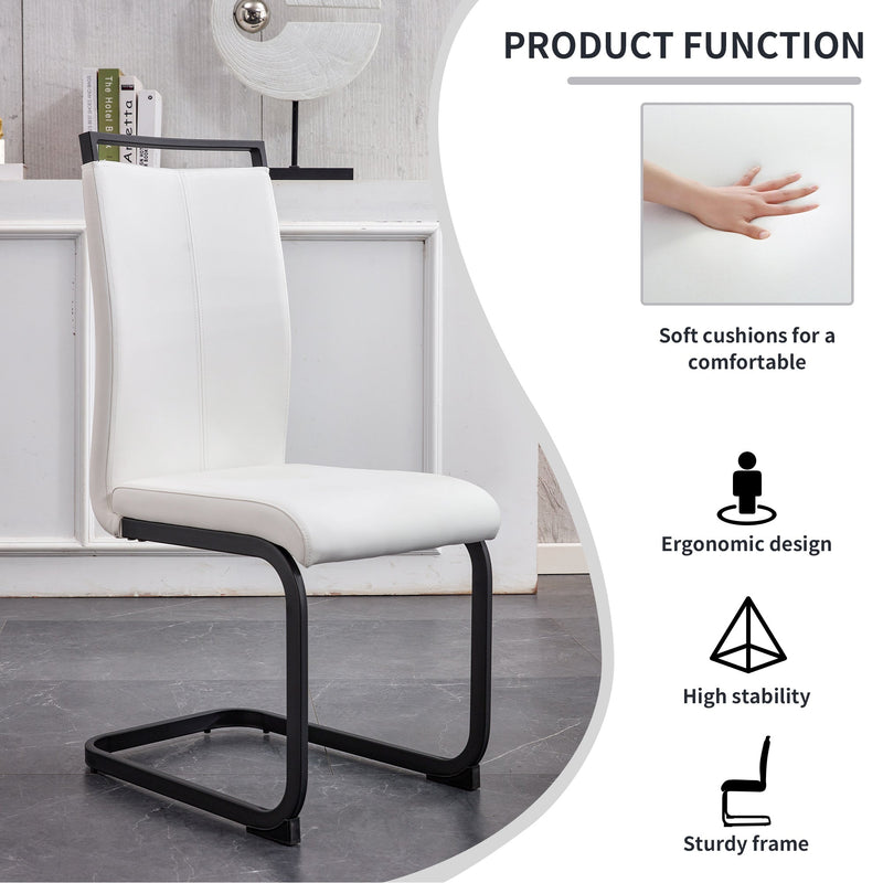 A table and four chairs. The table features a black imitation marble pattern tabletop and black gold MDF legs. The chair has a white PU backrest cushion and black metal legs. F-SQ