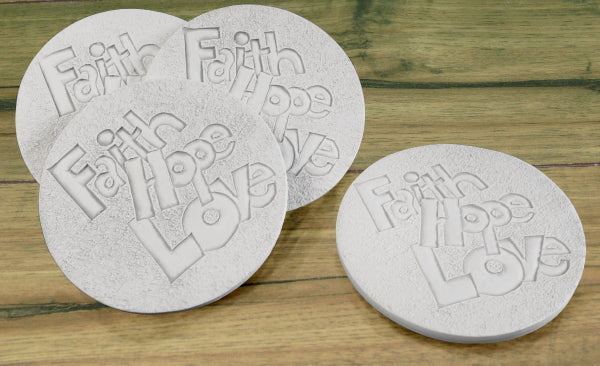 Faith Hope Drink Coasters, installed in a room