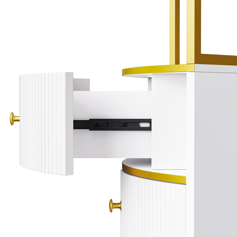 74.8" Tall Modern Corner Bookshelf,Fan-Shaped bookcase with 1 Drawer and 2 Doors, Wooden Standing Corner Shelf with Gold Metal Frame for Living Room,Home Office,White