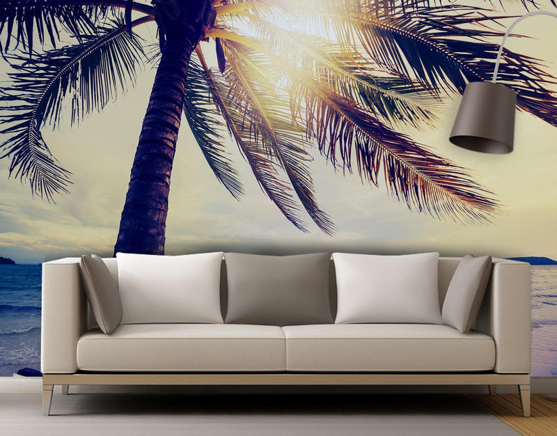 Beach Palm Tree Coastline Sunset Wall Mural