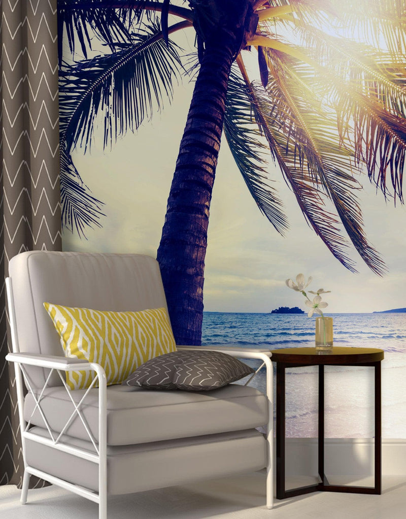 Beach Palm Tree Coastline Sunset Wall Mural