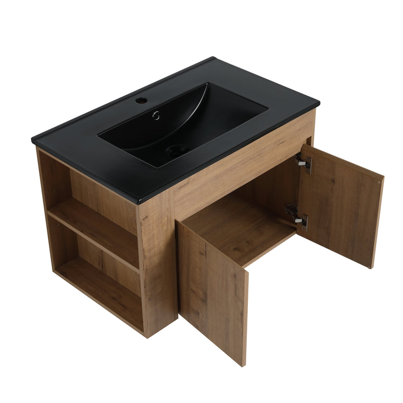 30 Inch Bathroom Vanity With Black Ceramic Basin and Adjust Open Shelf (KD-PACKING)
