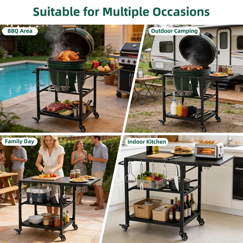 Outdoor Grill Table, Prep Cart With Wheels, Storage Shelf And Hooks - Black, photo 4 of 12