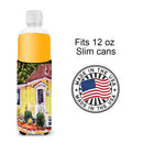 Yellow Cottage at the Beach Slim Can Hugger , Insulated Foam Hugger for 12 oz Slim Cans, Beer Bottles & Water Bottles, Printed in USA