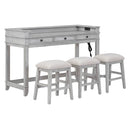 4-piece Dining Bar Table Set with 3 Upholstered Stools, Multifunctional Dining Table with 3 Drawers (Gray)